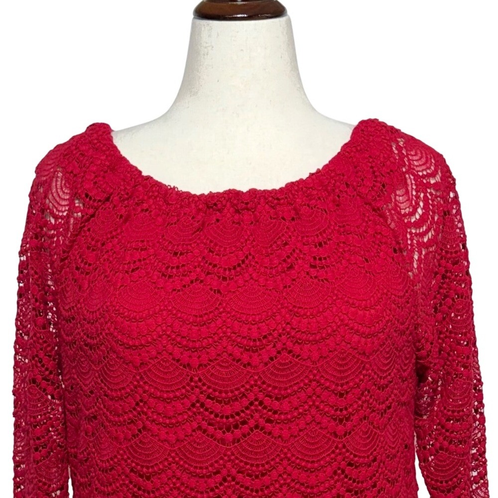 Talbots RSVP Top Women 1X Red Crochet Lace Overlay Scalloped 3/4 Sleeve Pullover